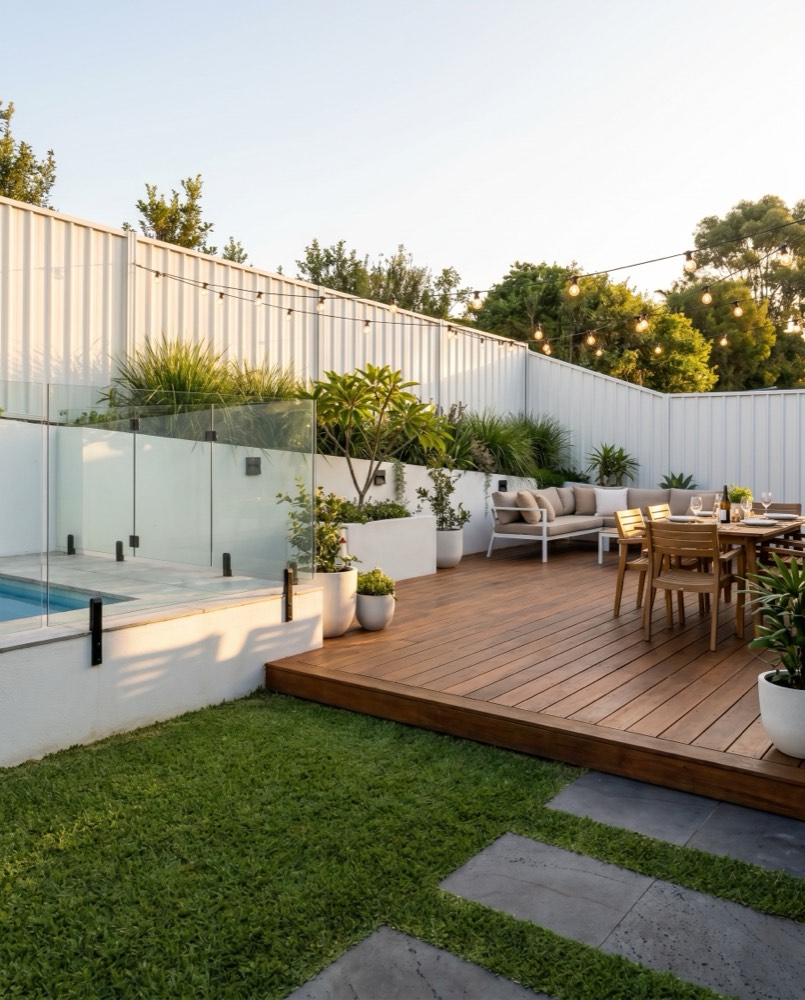 Timber deck alongside a pool with glass balustrade