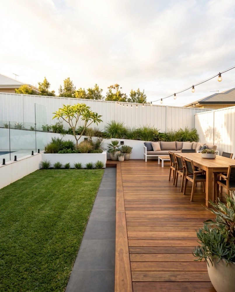 Outdoor entertaining area with deck, dining setting and festoon lights